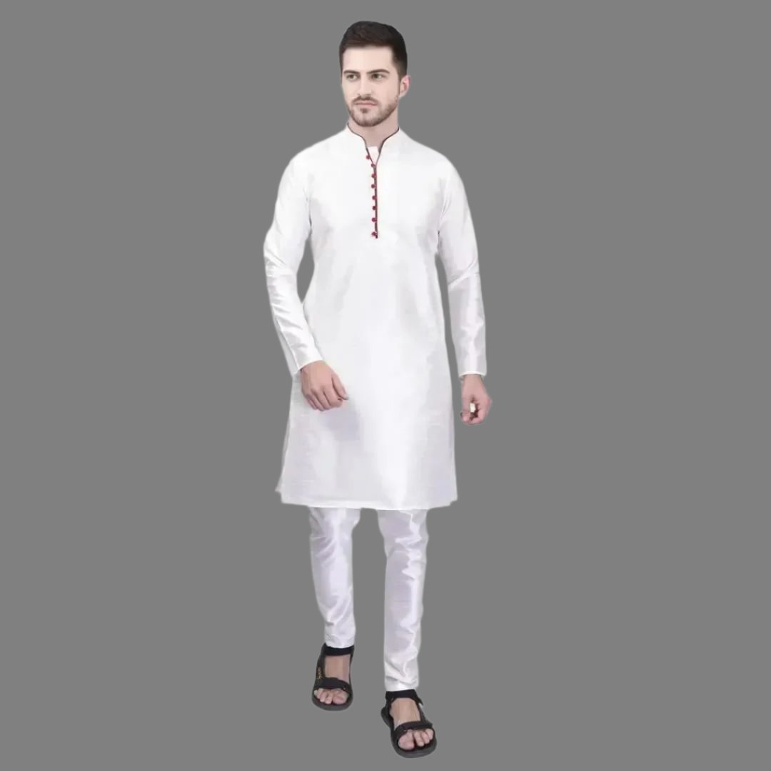 Stylish Silk Kurta & Bottom Set for Men
Size: M, L, XL, XXL
 Color:  White
 Fabric:  Silk
 Type:  Kurta Sets
 Style:  Solid
 Design Type:  Kurta & Bottom Sets
This stylish silk kurta and bottom set for men combines comfort and elegance. Made from high-quality silk, it offers a luxurious feel and drapes effortlessly on the body. The intricate design and vibrant colors make it a perfect choice for any occasion. Upgrade your traditional wardrobe with